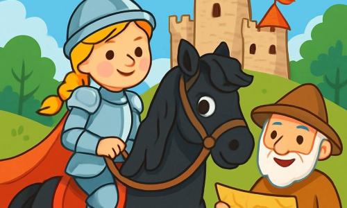 Odważna rycerka Hela znajduje się w centrum obrazu. Ma na sobie błyszczącą zbroję, srebrny napierśnik i długi czerwony płaszcz powiewający na wietrze. Jej twarz jest zdeterminowana i uśmiechnięta, a blond warkocze opadają na ramiona. Mocno trzyma wodze swojego pięknego czarnego konia o imieniu Lutka, który ma falującą grzywę i błyszczące oczy. Obok niej stoi stary mędrzec, dobry Jan, mający około 70 lat, ubrany w prostą tunikę i filcowy kapelusz. Uśmiecha się życzliwie, trzymając w rękach starą mapę, na której pokazuje drogę. Tło stanowi stary kamienny zamek, usytuowany na zielonym wzgórzu, z flagami powiewającymi na wietrze. Niebo jest niebieskie z kilkoma białymi, puszystymi chmurami, a zamek otaczają liściaste drzewa. Główna sytuacja przedstawia Helę i Jana przygotowujących się do wyruszenia w przygodę. Hela jest gotowa, by wsiąść na swojego konia, zdeterminowana, by zdobyć nowy dzwon dla miasta, podczas gdy Jan wskazuje jej drogę z zachęcającym uśmiechem.