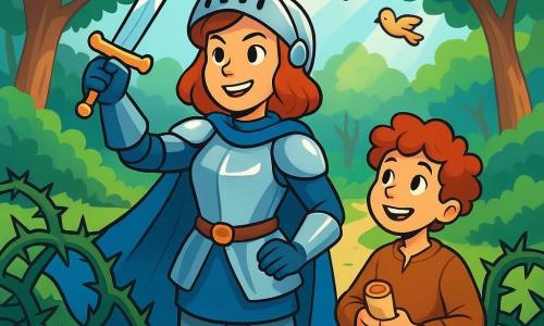 A knight, Sir Elenora, stands proudly at the center of the scene. She wears shining armor that glimmers in the sunlight, with a blue cloak flowing behind her. Her face is determined and brave, her eyes sparkling with excitement and wisdom. She brandishes a sparkling sword, ready to take on a challenge. Beside her is her squire, Finn, a twelve-year-old boy with curly hair and a mischievous smile, looking on with admiration. He holds a scroll in his hands, his eyes wide with enthusiasm. In the background, a dense and mysterious forest stretches out, with majestic trees and vibrant green leaves. Sunlight beams through the branches, illuminating the winding path leading to a clearing. The main scene shows Sir Elenora and Finn in front of a large wall of thorny brambles, their faces determined as they seek a way through. Colorful birds fly above them, adding a touch of magic to this adventure.