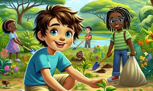 Um garoto de 12 anos, Tomás, com cabelos castanhos bagunçados e olhos brilhantes de curiosidade, está plantando uma pequena muda verde em um solo úmido. Ele usa uma camiseta azul vibrante e um short bege, e seu rosto expressa grande alegria e orgulho. Ao seu lado, sua melhor amiga, Sofia, uma menina de 11 anos com cabelos longos e loiros trançados, sorri segurando uma pá, pronta para ajudar. Ao fundo, um garoto de 12 anos, Lucas, com óculos e cabelos negros, recolhe lixo em um saco, exibindo uma expressão concentrada. O local é um pântano verdejante, cheio de plantas luxuriantes, flores coloridas e pequenos animais. Árvores majestosas cercam o pântano, com suas folhas brilhando à luz do sol. A cena principal mostra Tomás e seus amigos limpando e replantando vegetais, cercados de risos e uma atmosfera de camaradagem, enquanto cuidam da natureza.