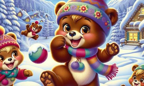 Al centro dell'immagine, un giovane orso bruno di nome Tobia, con un pelo morbido e occhi scintillanti di gioia, salta nella neve ridendo di felicità. Indossa una sciarpa colorata e un berretto di lana, con le zampe anteriori sollevate in aria, pronto a lanciare una palla di neve. Alla sua destra, Lilla, un'orsa bionda con un sorriso radioso e guance rosa, si prepara a lanciare una palla di neve. Indossa un berretto con pompon e una sciarpa rosa, i suoi occhi brillano di eccitazione. A sinistra, Ugo, un orso con una sciarpa rossa, ride a crepapelle, le braccia alzate, pronto a prendere una palla di neve lanciata da Tobia. Lo scenario è una deliziosa stazione montana, con case in legno decorate con luci, alberi di Natale carichi di neve scintillante e un cielo stellato che illumina la scena con una dolce luce blu. La situazione principale mostra Tobia e i suoi amici in piena battaglia di palle di neve, circondati da risate e gioia, creando un'atmosfera festosa e calorosa per celebrare il Capodanno.