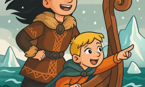 Una joven vikinga llamada Ylva, con largos cabellos negros al viento, se encuentra en un drakkar de madera tallada, su rostro iluminado por la determinación y el asombro. Lleva una túnica de piel marrón, adornada con motivos nórdicos, y sus ojos brillan de emoción mientras observa el horizonte. A su lado, su hermano Erik, un niño de 10 años con cabello rubio y mejillas sonrojadas por el frío, se inclina sobre el borde del barco, con los ojos muy abiertos, señalando un majestuoso iceberg que emerge de las aguas. Al fondo, un mar agitado se mezcla con icebergs brillantes bajo un cielo gris perla, mientras copos de nieve caen suavemente, creando una atmósfera mágica y misteriosa. La escena principal muestra a Ylva y Erik listos para enfrentar lo desconocido, cautivados por la belleza salvaje de su entorno, simbolizando el inicio de una aventura épica en las tierras nórdicas.