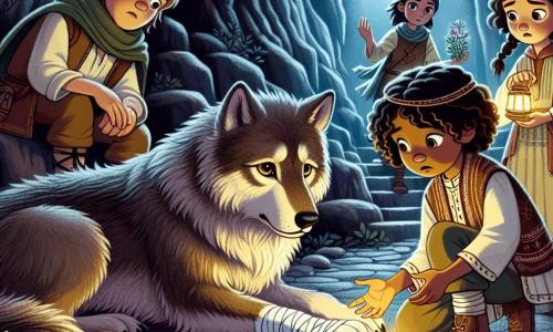 Em uma caverna escura e misteriosa, um velho lobo de pelagem acinzentada, com olhos sábios e tristes, está deitado no chão, sua pata ferida ligeiramente elevada. À sua direita, Lara, uma menina corajosa de 10 anos com cabelos castanhos e cacheados, se aproxima com um olhar determinado, segurando uma pequena lanterna que ilumina seu rosto. À sua esquerda, Tomás, um menino de 9 anos com cabelos castanhos e óculos, observa a cena atentamente com uma expressão preocupada, pronto para ajudar. Sofia, uma menina de 8 anos com cabelos loiros e trançados, está agachada perto do lobo, segurando ervas medicinais em suas pequenas mãos. Por fim, Miguel, um menino de 11 anos com cabelos negros e curtos, está um pouco atrás, de braços cruzados, mas com um sorriso encorajador, pronto para apoiar seus amigos. A caverna é adornada com desenhos antigos nas paredes, e estalactites pendem do teto, criando uma atmosfera mágica e um pouco assustadora. A situação principal mostra as crianças cuidando do lobo ferido, ilustrando um momento de compaixão e coragem, onde o medo se transforma em amizade.