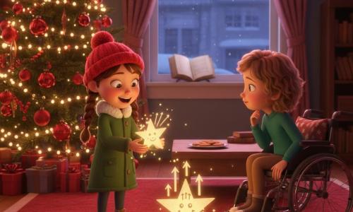 Há duas meninas quase com 8 anos: Bia, cabelos castanhos em tranças, gorro vermelho e casaco verde, em pé à esquerda junto à árvore de Natal, segurando uma pequena estrela de papel brilhante com olhos arregalados e grande sorriso; Lina, cabelos curtos e encaracolados, pele clara, sentada numa cadeira de rodas com almofada de estrelas à direita junto à janela, inclinando a cabeça como se escutasse e com uma mão na roda. O cenário é uma sala acolhedora ao anoitecer, chão de madeira, tapete vermelho, grande árvore decorada com bolas vermelhas e luzes amarelas cintilantes, janela com geada para uma rua nevada, mesa baixa com um prato de biscoitos e um livro antigo numa estante ao fundo. Uma pequena estrela de papel caiu do exterior e repousa no chão entre as meninas; a estrela traz o desenho de um sininho sorridente e três setas, faíscas douradas e linhas sonoras "tin-tin" mostram que é mágica; Bia a segura empolgada e Lina escuta atenta, em cena de luz quente, contrastes suaves e cores de Natal (vermelho, verde, ouro).