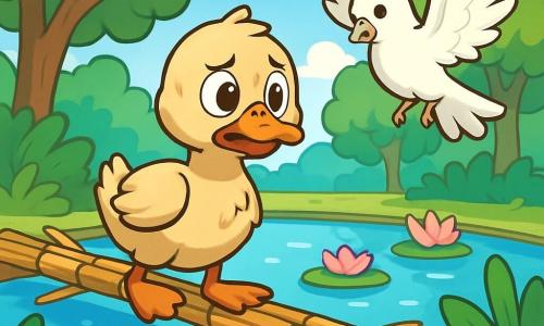 A light beige duck with bright, curious eyes stands on a delicate reed bridge, its expression a mix of determination and nervousness. Next to it, a dove with bright white feathers hovers slightly above the duck, ready to guide it. In the background, a shimmering pond reflects the blue sky, surrounded by tall trees with vibrant green leaves, while water lilies float gently on the surface. The scene captures the moment the hesitant yet brave duck prepares to cross the reed bridge, symbolizing its desire to overcome fears and learn to be courageous.