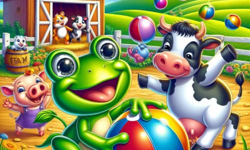 O broască veselă numită Froggly, cu o piele verde strălucitoare și ochi rotunzi și jucăuși, sare de bucurie în mijlocul unei ferme colorate, ținând o minge mare multicoloră în picioare. Lângă ea, o vacă numită Bella, cu blană alb-negru și o expresie prietenoasă, dansează învârtindu-se în jurul lui Froggly, în timp ce un purceluș numit Pufi, cu obraje roz și un zâmbet jucăuș, încearcă să jongleze cu o altă minge. În fundal, decorul fermei este viu, cu câmpuri verzi, flori strălucitoare și un cer albastru însorit, iar un magazin de furaje din lemn se află alături, cu ușile ușor deschise. Scena arată cum Froggly și prietenii săi se distrează împreună, pregătiți să participe la o competiție de jocuri cu mingi colorate, plini de entuziasm și râsete.