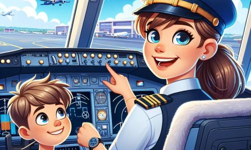 O pilotă pe nume Ana stă mândră în cabina unui avion, având o expresie de determinare și bucurie pe față. Poartă o uniformă de pilot albastră cu o șapcă împodobită cu o stea aurie, iar părul ei brun este prins într-o coadă de cal îngrijită. Ochii ei strălucesc de excitație în timp ce verifică instrumentele de zbor. Lângă ea, un băiețel pe nume Mihai, de aproximativ 8 ani, o observă cu uimire. Are părul castaniu în dezordine și poartă un tricou roșu cu un model de avion. Este așezat pe scaunul din dreapta, cu mâinile pe cotiere, având privirea fixată pe butoanele și ecranele din cabină. Scena are loc într-o cabină de avion modernă, cu instrumente de zbor colorate, ecrane luminoase și feronerie care oferă o priveliște spectaculoasă asupra unui cer albastru presărat cu câteva nori albi. În fundal, se observă pista aeroportului și avioane așteptând decolarea. Ana și Mihai se pregătesc pentru decolare, Ana explicându-i instrumentele lui Mihai, care este captivat de tot ce vede. Atmosfera este plină de entuziasm și aventură, simbolizând visul lui Mihai de a deveni pilot într-o zi.