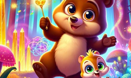 Barnaby, a scruffy brown bear with an expressive face, stands at the center of the scene, his eyes sparkling with curiosity and a wide smile on his face. He holds a slightly twisted magic wand that emits colorful confetti sparks. Next to him, Squeaky, a small golden-furred squirrel with bright eyes, jumps enthusiastically, his bushy tail raised like a flag, displaying a contagious expression of joy. Their environment is the Valley of Vibrations, an enchanting place filled with vibrant flowers dancing to a gentle melody, while a large beehive-shaped crystal shines in the center, emitting a golden light. The scene exudes a magical and joyful atmosphere as Barnaby and Squeaky prepare to take on a challenge, surrounded by an aura of mystery and bright colors.