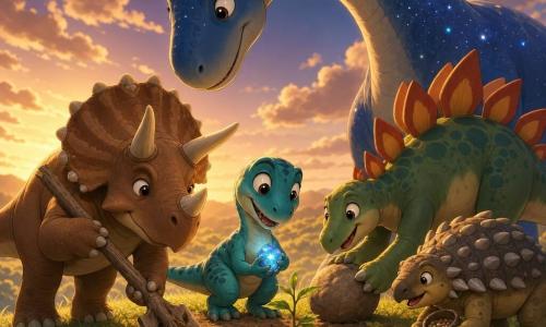 Een kleine velociraptor Velo, slank, turkooise schubben en crèmekleurige buik, grote ronde ogen, houdt tegen zijn borst een klein lichtgevend blauw steentje en graaft zacht een gaatje om een jong plantje te zetten; een robuuste, welwillende triceratops met bruin leer en crèmekleurige hoorns staat links met een dikke tak als schep en beschermt de groep; een grote sauropode "Sterdromer" met nachtblauwe licht gevlekte huid buigt zijn lange nek over Velo, zachte blik en sterrenlicht in zijn ogen; een stegosaurus met kleurrijke platen rechts, geconcentreerd en glimlachend; een gedrongen ankylosaurus met een klein zakje vol zaden bij Velo, klaar om zaadjes te leggen. Locatie: top van een klein grasheuveltje met hoog groen gras, zichtbare wortels, lichte jonge scheuten, zanderige aarde en enkele stenen, late namiddaghemel met wegglijdende wolken en opkomende sterren. Hoofdactie: de dino's vormen een beschermende kring tegen de wind, zingen en werken samen om zaailingen te planten; warme sfeer, zachte gouden gloed gemengd met het blauwe licht van het steentje, vreugdevol en hoopvol. Visuele stijl: 3D cartoon met cel-shading, felle contrasterende kleuren, eenvoudige silhouetten, zachte texturen en zeer leesbare, kinderlijke gezichtsuitdrukkingen.