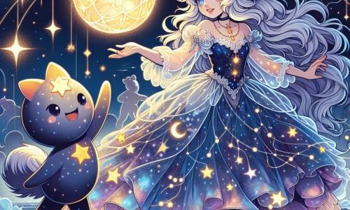 En el centro de la imagen está Luna, una joven de cabello plateado que brilla como estrellas, vestida con un vestido ligero de colores galácticos y patrones de nebulosas. Muestra una expresión de determinación y asombro, extendiendo la mano hacia un hermoso Cristal Cósmico que flota frente a ella, emitiendo una suave luz dorada. A su lado, Destello, una estrella danzante antropomórfica, es un pequeño personaje luminoso con brazos y piernas, sonriendo alegremente y animando a Luna. Flota ligeramente sobre el suelo, rodeado de chispas brillantes. El fondo es un espacio mágico lleno de luces centelleantes y caminos cambiantes, donde las estrellas brillan como faroles en la noche. El cielo es una mezcla de azul profundo y violeta, salpicado de constelaciones brillantes. La escena principal muestra a Luna tocando el Cristal Cósmico, rodeada de una aura mágica, mientras Destello la anima con entusiasmo. La atmósfera está llena de misterio y belleza, capturando la esencia de una aventura espacial fantástica.