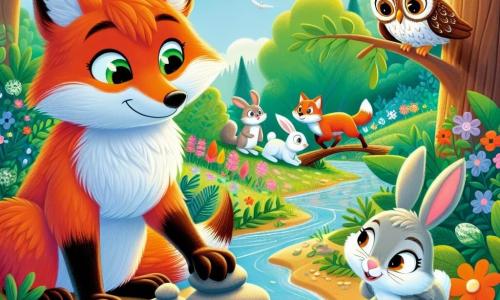 Ein schelmischer Fuchs namens Felix mit leuchtend orangefarbenem Fell, neugierigen Augen und einem entschlossenen Ausdruck steht am Rand eines kleinen Baches, bereit, seinen Freunden zu helfen. An seiner Seite schaut ein kleiner Hase namens Hoppy mit weißem Fell und großen Ohren besorgt auf den Bach, während eine weise Eule namens Ella mit braunen Federn und runden Augen von einem Ast aus die Szene mit besorgtem Blick beobachtet. Die Kulisse ist ein wunderschöner, grüner Wald, gefüllt mit bunten Blumen, majestätischen Bäumen und sanftem Sonnenlicht, das durch die Blätter filtert. Felix, der Fuchs, sammelt Steine, um eine Brücke zu bauen, damit seine Freunde den überfluteten Bach überqueren können, was den Geist von Hilfsbereitschaft und Abenteuer zeigt.