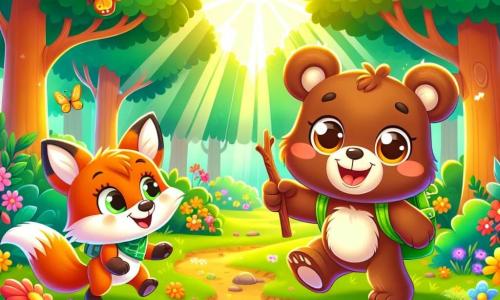 Ein kleiner brauner Bär mit funkelnden Augen und einem strahlenden Lächeln spielt auf einer sonnigen Lichtung, umgeben von bunten Blumen und großen grünen Bäumen. Er trägt einen kleinen Rucksack und hält einen Stock, bereit für ein Abenteuer. In der Nähe beobachtet eine schlaue Füchsin mit leuchtend orangefarbenem Fell und schelmischen Augen den kleinen Bären, mit einem verschwörerischen Lächeln im Gesicht, während sie fröhlich über den mit Blättern bedeckten Boden hüpft. Etwas weiter entfernt bereitet sich ein kleines Kaninchen mit großen weißen Ohren und rosigen Wangen, das aufgeregt aussieht, darauf vor, der Gruppe mit einer Karotte zu folgen. Die Szene spielt sich auf einer hellen Lichtung im Bärenwald ab, wo die Sonnenstrahlen durch die Baumäste filtern und Licht- und Schattenspiele auf den Boden zaubern. Bunte Schmetterlinge fliegen umher und verleihen der Umgebung einen Hauch von Magie. Der kleine Bär und seine Freunde spielen zusammen und stellen sich vor, Piraten auf der Suche nach einem versteckten Schatz zu sein, während sie lachen und ihre wunderschöne Waldlandschaft erkunden.