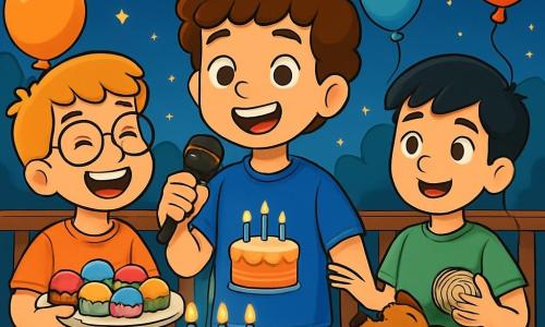 Hay 3 personajes: - Lucas: un niño de 10 años, con cabello castaño y rizado, que lleva una camiseta azul con un diseño de pastel de cumpleaños. Está en el centro, sonriendo, sosteniendo un micrófono y mirando a sus amigos. - Mario: un niño de 10 años, con cabello rubio y gafas redondas. Está a la izquierda de Lucas, riendo y sosteniendo un gran plato de pasteles coloridos. - Tomás: un niño de 10 años, con cabello negro y liso, que lleva una camiseta verde. Está a la derecha de Lucas, sosteniendo un ovillo de hilo para ayudar a decorar la terraza. El lugar es una hermosa terraza decorada con guirnaldas luminosas y globos coloridos flotando en el aire. Se puede ver un gran pastel de cumpleaños en el centro de la mesa, rodeado de pequeñas velas encendidas. En el fondo, el cielo es de un azul profundo, salpicado de estrellas brillantes. La situación principal de la historia muestra a Lucas, rodeado de sus amigos, dando un discurso alegre por su cumpleaños, mientras Max, el perro del vecino, se divierte tratando de atrapar un globo que se ha escapado. Las risas y la alegría se reflejan en los rostros de los niños, creando una atmósfera festiva y cálida.