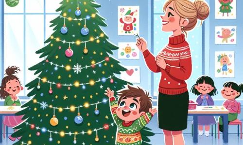 Un bambino di un anno, con capelli castani disordinati e occhi scintillanti di gioia, si trova davanti a un magnifico albero di Natale decorato con luci brillanti e palline colorate. Sorride con meraviglia, alzando le braccia in aria, come se volesse toccare la grande stella brillante in cima all'albero. Accanto a lui, un'insegnante di circa 30 anni, con i capelli biondi raccolti in un chignon, indossa un maglione rosso festivo. Sorride calorosamente guardando Luca, mentre tiene in mano una ghirlanda di Natale, pronta a decorare l'albero. Il contesto è un'aula luminosa, con pareti dipinte di azzurro chiaro, disegni di bambini appesi e fiocchi di neve di carta appesi al soffitto. L'albero di Natale, maestoso, si erge al centro, illuminato da ghirlande scintillanti. La scena principale mostra Luca, incantato dalla magia del Natale, che scopre la grande stella brillante che ha realizzato il suo desiderio, circondato dall'amore e dalla gioia dei suoi compagni e della sua insegnante.