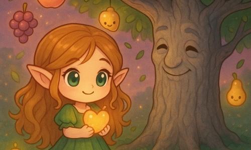 Lila, a joyful determined little elf with long honey-curled hair, bright emerald eyes and pointed ears, holds a heart-shaped glowing fruit to her chest and smiles reassuringly as the old wise oak Elderberry, a broad silver-trunked tree with gentle carved eyes, leans over her protectively; glowing fruits (rosy apples, pearly grapes, golden pears) float around in warm flickering light as the wind calms and leaves and lights drift down in an enchanted mossy orchard with hanging fruit-lamps, phosphorescent flowers and twilight purple-pink skies, the Heartfruit having just stilled the magical storm.