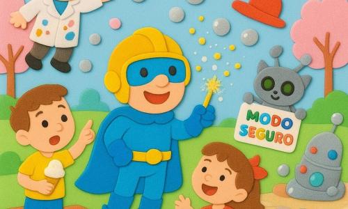 Um homem, Capitão Cometa, sorridente e tranquilizador, com capa azul-claro brilhante, capacete dourado com viseira e botas com pequenas asas, sopra suavemente 