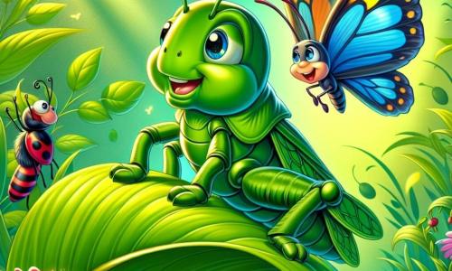 Un pequeño saltamontes verde brillante, con grandes antenas y ojos llenos de determinación, está sobre una hoja verde brillante, listo para saltar. Su expresión refleja confianza y emoción, con sus patas traseras bien posicionadas para un gran salto. Cerca, una mariposa colorida con alas brillantes de azul y amarillo sonríe con ánimo, sus ojos reflejando orgullo. Vuela ligeramente sobre el suelo, lista para aplaudir a su amigo. Un pequeño escarabajo rojo con rayas negras está sobre una piedra, levantando sus patas en señal de aliento, su rostro radiante de alegría. El escenario es un prado verde, salpicado de flores multicolores, donde el sol brilla suavemente, iluminando las hojas y creando sombras danzantes en el suelo. La situación principal muestra al pequeño saltamontes preparándose para un salto audaz, rodeado de sus amigos que lo animan, ilustrando el tema de la confianza en uno mismo y la amistad.