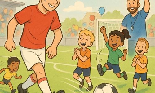 Een jonge man (20–25 jaar) met kort bruin haar, rood shirt en witte short, geconcentreerd lachend terwijl hij de bal met rechts passt; rechts Lucas (~10) blond, lachend en klappend klaar om te ontvangen; Amir (~11) met een donkere huid rennend en vervaagd in snelheid links achter de man; Jade (~10) met zwart paardenstaart voor het doel, arm omhoog en uitgestrekte been alsof ze net heeft geschoten, blij gezicht; coach M. Ben (~40) in blauw aan de zijlijn met fluit en opgeheven vuist; groene grasveld met nette witte lijnen, klein wit doel met licht vervormd net, lage tribunes met enkele ouders en ballonnen, zachtblauwe lucht met wolkjes; hoofdmoment: beslissende pass—bal in de lucht tussen de man en Jade met actielijnen, spelers glimlachend en klappend, vrolijke teamsfeer; visuele stijl: heldere pasteltinten, nette zwarte contouren, overdreven vriendelijke gezichten en zachte schaduwen, licht vogelperspectief gericht op de baltraject.
