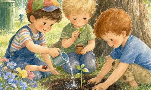 There are three boys, almost 3 years old: Sam (short brown hair, small colorful hat) on the left holding out his right hand with a red-and-black ladybug on his palm and pouring a small stream of clear water from a cup; Eli (blond tousled hair, shy smile) in the center holding a small terracotta pot and a seedling; Max (red hair, dirt-stained knees) on the right crouched, tamping the dark, moist soil with his hands. They are planting a seed together near a large rough tree trunk in a sunny park with tender green grass; a green trash bin is to the left, colorful flowers (blue, yellow, pink) sit by a metal watering can, and a small sprinkler sends sparkling droplets, creating gentle splashes and a joyful, calm atmosphere.