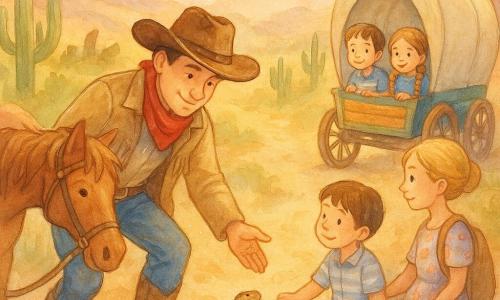 A smiling but focused cowboy in a brown hat, beige leather jacket, red scarf and dusty boots dismounts and calmly reaches to push a small rattlesnake out of the path; Miss Lily, the teacher with blond hair in a bun, a floral dress and a canvas school bag, watches relieved from the trail edge; a 7-year-old boy with brown hair and a striped shirt holds the hand of a 6-year-old girl with braided hair in a blue dress as they sit in a small colorful cart behind the cowboy, admiring him; a chestnut horse named Dusty with a slightly rumpled mane stands tied to the cowboy, breathing softly and protective; the rocky canyon setting has sharp green cacti, red rocks, long shadows, golden dust and a small bush hiding the snake, and the scene shows the cowboy protecting the children by gently driving the snake away while the cart waits in warm sunlight and a reassuring atmosphere.