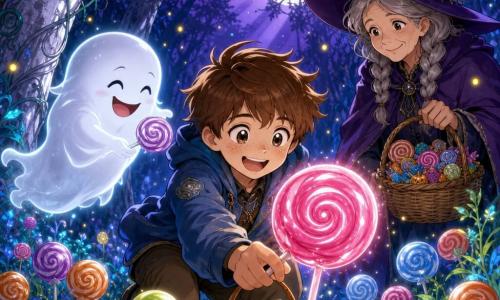 A 10-year-old round-faced freckled boy with short brown hair and bright wide eyes smiles in wonder as he holds an orange pumpkin bag and picks colorful lollipops like flowers; a friendly translucent white ghost named Boo with soft edges and laughing eyes floats at the boy’s shoulder offering a lollipop; a kind ~50-year-old witch with a purple pointed hat and braided gray hair stands a few steps behind with a basket of treats, smiling; they are in a dense enchanted forest of gnarled trunks and silver bark, glowing vines and a clearing of bioluminescent grass studded with giant multicolored lollipops under a deep violet twilight sky with silver moonbeams and tiny yellow fireflies; the main focus is the boy picking a giant pink lollipop in the center of the clearing, bathed in a soft glow, expression of pure wonder and joy; manga-style crisp linework, vivid contrasting colors, soft textures, warm magical atmosphere, composition centered on the trio.