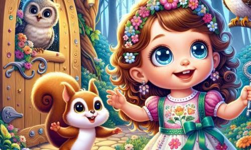 A 4-year-old girl named Lila, with sparkling big eyes and curly hair, is wearing a colorful flower-adorned dress. She smiles in wonder, holding a shiny key in her small hands, standing in front of a large wooden door covered in vines. Beside her, a mischievous squirrel named Sammy, with brown fur and a bushy tail, jumps for joy, his little paws raised in the air. In the background, a wise old owl named Bella, with gray feathers and round eyes, perches on a branch, observing the scene with curiosity. The setting is a magical forest, where majestic trees have shimmering leaves and multicolored flowers dance in the wind, while a sparkling stream winds through the ground. The main situation shows Lila and Sammy in front of the mysterious door, ready to unlock it with the magical key, surrounded by the enchanted beauty of the forest.