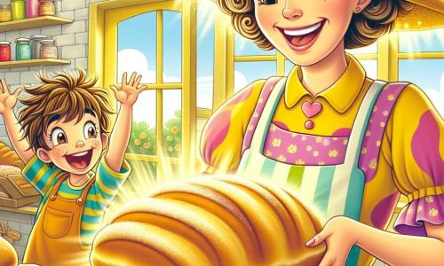 Clara, a cheerful woman in a large flowered hat and a bright yellow apron, proudly smiles while holding a golden loaf of bread. Her eyes sparkle with excitement and happiness. Beside her, Timmy, a five-year-old boy with messy brown hair and a colorful striped t-shirt, jumps for joy with his arms raised, thrilled by the bread he just tasted. The scene takes place in the cozy 