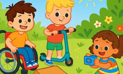 There are three characters: Sam, a nearly 3-year-old boy with messy brown hair and a big smile, sitting in a shiny red wheelchair with his hands on the wheels, ready to move forward; Ben, a nearly 3-year-old boy with blond hair and sparkling eyes, standing next to his scooter with a determined expression, wearing blue sneakers; and Mia, a nearly 3-year-old girl with curly hair in a colorful dress, crouched on the ground holding a small camera, ready to capture the moment with a big smile. The setting is a sunny garden filled with vibrant flowers and lush greenery, with a large puddle in the center shining in the sun, surrounded by small pebbles and scattered toys. Sun rays illuminate the joyful faces of the children, creating a warm and friendly atmosphere. The main scene shows the children building a ramp with found objects like a cardboard box and a cushion, with Sam pushing his wheelchair towards the ramp, Ben preparing to jump with his scooter, and Mia ready to take a photo, all laughing together in a joyful and friendly atmosphere.