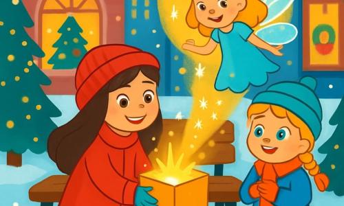 Há 3 personagens: Sofia, uma menina de 8 anos com longos cabelos castanhos, vestindo um casaco vermelho vivo e um gorro de lã, sorrindo alegremente enquanto segura uma caixa dourada; Bia, uma menina de 7 anos com cabelos loiros trançados, vestida com um casaco azul e um cachecol rosa, olhando para a caixa com olhos arregalados, cheia de encantamento; e a Fada Nataline, uma pequena fada com asas cintilantes e um vestido azul, flutuando acima das meninas, com cabelos dourados e um sorriso radiante, cercada por um brilho dourado. O cenário é uma charmosa rua da cidade durante o Natal, com árvores decoradas com luzes e vitrines brilhantes. A neve cobre o chão, criando um tapete branco cintilante, enquanto flocos de neve caem suavemente do céu, adicionando à atmosfera mágica. A cena principal mostra Sofia e Bia descobrindo uma caixa dourada sob um banco, enquanto a Fada Nataline emerge da caixa, iluminando a cena com sua magia. As meninas estão maravilhadas e sorridentes, cercadas por decorações natalinas e a magia do inverno.