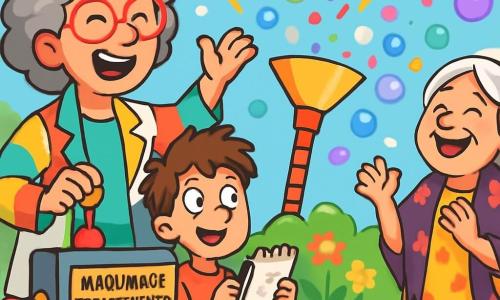 Dona Matilde, uma mulher de cabelos cacheados e grisalhos, usa um jaleco colorido e óculos redondos, sorrindo de excitação enquanto ativa sua Máquina de Espantamento de Tédio. Ao seu lado, o pequeno Joaquim, um menino de 8 anos com cabelos castanhos bagunçados, observa com olhos arregalados, segurando um pequeno caderno de esboços, pronto para desenhar as maravilhas da máquina. Mais adiante, Dona Bia, uma mulher idosa com cabelos prateados e um xale florido, ri alto, coberta de bolhas coloridas que flutuam ao seu redor. A cena acontece no jardim ensolarado de Dona Matilde, cheio de flores vibrantes e ferramentas espalhadas, com um céu azul claro ao fundo. A máquina, uma grande estrutura metálica colorida, emite bolhas multicoloridas e confetes, criando uma atmosfera alegre e festiva.