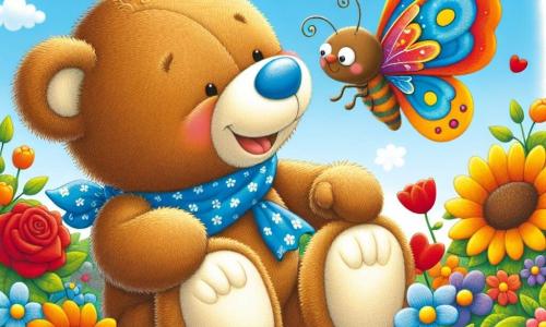 A teddy bear named Benny, with soft brown fur and sparkling eyes, is sitting in a colorful garden, laughing as a beautiful butterfly with multicolored wings lands on his nose. The butterfly, small and delicate with blue and orange patterns, seems joyful and playful, fluttering around Benny while dancing on a flower. The garden is filled with bright flowers, including red roses, yellow sunflowers, and violets, under a clear blue sky dotted with fluffy white clouds. Amused, Benny tries to dance by mimicking the butterfly's movements but slips and falls on his backside, creating a funny and joyful scene.