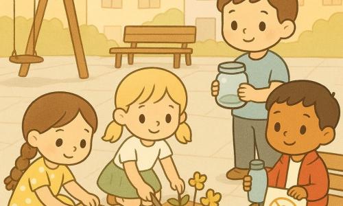 Sunt patru copii de vreo 5 ani: Mara, fată cu păr brun împletit, rochie galbenă cu buline, ghemuită la stânga decorând o cutie cu autocolante; Vlad, băiat cu păr castaniu scurt, tricou albastru, în picioare la dreapta ținând un borcan cu capac găsit; Ilinca, fată cu păr blond în coadă, fustă verde, în centru semănând două flori mici cu o mini-răsadniță; Matei, băiat cu piele ușor bronzată, vestă roșie, așezat pe treaptă ținând o sticlă reutilizabilă și arătând o pancartă desenată „STINGE LUMINA”. Loc: curte de bloc însorită spre seară, dale gri, leagăn vechi în stânga, bancă de lemn, blocuri pastelate în fundal, ambalaje reutilizabile, o mini-plăcuță făcută manual lipită pe cutie cu desene. Situație: copiii amenajează un „colț de ajutor” — cutii pictate cu capace și jucării donate, două flori plantate, afişe desenate lipite; un vecin adult se oprește, surprins și emoționat; atmosferă caldă, culori moi și optimiste.