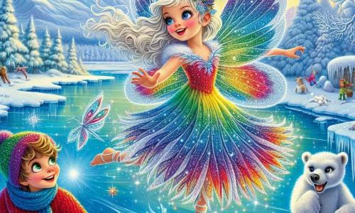 Eine kleine Fee namens Livia mit schimmernden, bunten Flügeln fliegt fröhlich über einen gefrorenen See, ihr Gesicht strahlt vor Staunen und Entschlossenheit. Sie trägt ein Kleid aus gefrorenen Blütenblättern, das in der Wintersonne glänzt. Neben ihr steht ein kleiner Junge namens Nino, etwa 8 Jahre alt, mit zerzausten blonden Haaren und einem schelmischen Lächeln, der Livia bewundernd beobachtet. Er trägt einen roten Wollmantel und einen blauen Schal und hält eine Schneeflocke in der Hand. Hinter Nino spielt ein niedlicher kleiner Eisbär namens Balduin mit seinem weißen, weichen Fell im Schnee, seine Augen funkeln vor Freude. Die Szenerie zeigt eine wunderschöne Winterlandschaft: ein gefrorener See umgeben von majestätischen, schneebedeckten Bergen. Schneelastige Bäume stehen herum, während Eiskristalle wie Diamanten in der Sonne funkeln. Die Hauptsituation zeigt Livia, die den gefrorenen See in einen funkelnden Kristall verwandelt, während Nino und Balduin sie mit Lachen und Applaus anfeuern und eine Atmosphäre von Magie und Freundschaft schaffen.