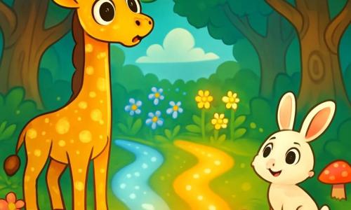 A majestic giraffe named Ginny stands at the edge of an enchanted forest, her large eyes shining with curiosity and concern. Her coat is dotted with golden spots that sparkle in the sun, and her long neck stretches toward the sky, as if seeking answers among the clouds. Beside her, a small rabbit with big ears, sparkling eyes, and soft white fur watches with excitement, ready to accompany her on her adventure. The setting is a magical forest with thick, gnarled trees, their vibrant green leaves forming a canopy of dappled light. Colorful flowers gently sway in the breeze, and brightly colored mushrooms grow around them, adding a touch of mystery. Ginny stands before three glowing paths: a silver-stone path, a singing flower path, and a talking mushroom path, each shimmering with unique magic. She hesitates, her heart racing, wondering which path to choose to find the enchanted jewel of the forest.