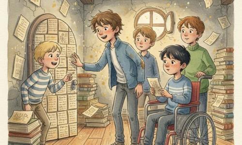 Er zijn vier jongens: Bram (ongeveer 8 jaar) met warrig bruin haar en een vervaagde blauwe jas staat in het midden met zijn hand op een klein deurtje gemaakt van beschreven bladzijden, hij zingt zacht en glimlacht geruststellend; Noor (ongeveer 7 jaar) met kort zwart haar zit vooraan rechts in een roodgeverfd metalen rolstoel en houdt een vergeeld blaadje met een tekening vast, verwonderde blik; Timo (ongeveer 7 jaar) blond met een gestreept hemd staat links en wijst op het deurtje, mond open van opwinding; Sander (ongeveer 7 jaar) kastanjebruin haar en een groene trui staat achter Bram en kijkt om zich heen, mengeling van nieuwsgierigheid en terughoudendheid. De plek is een oude bibliotheekzolder met donkere houten balken, stapels vergeelde bladen en boeken met gebarsten band, stofdeeltjes als gouden motten, inktvlekken vormen bewegende schaduwen op de houten vloer, warme diffuse lichtinval door een klein oculairraampje. Hoofdgebeuren: de jongens openen het kleine deurtje van bladzijden; binnen licht een dik boek zacht amberkleurig, inktnevels vouwen zich tot minder dreigende silhouetten, pagina’s fladderen licht — sfeer tegelijk onheilspellend en troostend, aquarelpalet van okers, sepia, indigo en ambertinten.