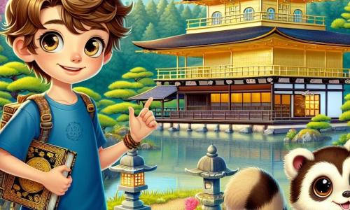 Un ragazzo di 10 anni, Luca, si trova davanti al maestoso Tempio di Kinkaku-ji, il Padiglione d'oro, con uno sguardo meravigliato sul volto. Ha capelli castani disordinati, occhi pieni di curiosità e indossa una maglietta blu e pantaloni corti beige. Nelle sue mani tiene un antico libro giapponese con pagine ingiallite, mentre la sua Scatola dei Ricordi è appesa al suo braccio. Accanto a lui, Kenta, un piccolo tanuki dai peli marroni e neri, con grandi occhi maliziosi, sorride mostrando una porta segreta dietro un arazzo. Il decor è incantevole: il tempio è circondato da giardini lussureggianti, con ciliegi in fiore e uno stagno scintillante che riflette la bellezza dorata dell'edificio. La scena principale mostra Luca e Kenta che scoprono la porta segreta del tempio, pronti a entrare in una stanza misteriosa piena di tesori antichi e segreti da esplorare.
