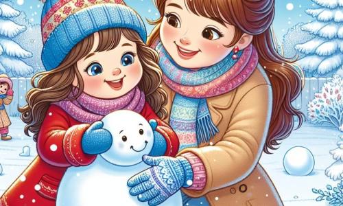 Una bambina di 5 anni, Sofia, con lunghi capelli castani e guance rosate, sorride felicemente tenendo una grande palla di neve tra le braccia. Indossa un cappotto rosso vivo, un berretto di lana blu e guanti abbinati, circondata da un'aura di felicità ed eccitazione. Accanto a lei, sua madre, una donna di circa 30 anni con capelli castani raccolti in uno chignon e un sorriso caloroso, la aiuta a modellare un grande pupazzo di neve. Indossa un cappotto beige e una sciarpa colorata, guardando Sofia con tenerezza. Lo scenario si svolge in un giardino innevato, dove la neve scintilla sotto il sole invernale, con alberi coperti di neve, fiocchi che cadono dolcemente e un cielo blu chiaro che contrasta con il bianco splendente del terreno. La scena principale mostra Sofia e sua madre mentre costruiscono un pupazzo di neve insieme, ridendo e divertendosi, mentre le impronte nella neve testimoniano la loro gioia e complicità.