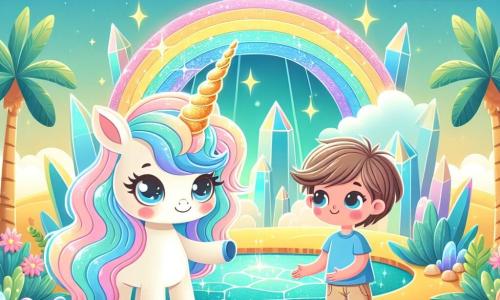 Una magnífica unicornio, llamada Lila, se encuentra en el centro de la imagen, con una melena ondulante de colores pastel y un cuerno brillante que resplandece como un arcoíris. Muestra una expresión dulce y amigable, con sus grandes ojos llenos de alegría, mientras invita a un joven llamado Lucas a explorar, con una radiante sonrisa en su rostro. Lucas, de aproximadamente 8 años, tiene el cabello castaño desordenado y lleva una camiseta azul y un pantalón corto beige. Está de pie junto a Lila, con los brazos abiertos, listo para descubrir el mundo mágico que lo rodea. El escenario es un oasis encantador en medio de un desierto dorado, con palmeras verdes y flores coloridas que florecen alrededor de un estanque de agua cristalina. El cielo es de un azul brillante, salpicado de nubes blancas esponjosas, y el sol brilla suavemente, creando un ambiente cálido y acogedor. La escena principal muestra a Lila y Lucas de pie juntos, listos para entrar en una cueva mágica, iluminada por piedras brillantes, donde esperan ser descubiertas historias antiguas.