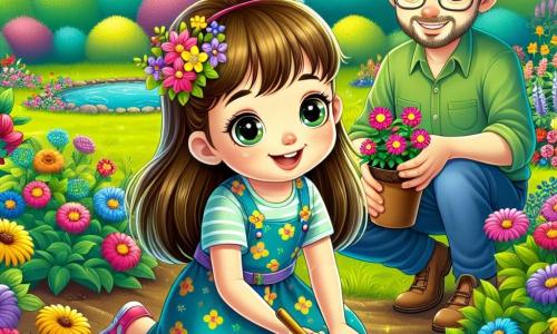 A 5-year-old girl named Lily, with long brown hair and sparkling eyes, is planting flowers in a colorful garden. She wears a lovely blue dress with yellow flowers and has dirt on her hands, displaying a big smile, full of enthusiasm and pride. Next to her, a man in his thirties, Mr. Green, wearing a green shirt and glasses, watches with a kind smile. He holds a small shovel and shows Lily how to plant the flowers correctly, standing slightly back to give her space. The garden is filled with vibrant flowers of all colors, butterflies flutter around, and a small pond sparkles in the sun nearby, surrounded by lush greenery. Birds sing in the trees, adding a joyful atmosphere to the scene. The main focus is on Lily, happy and focused, planting flowers to attract butterflies while Mr. Green explains the importance of caring for nature.