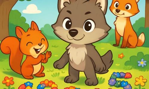 Lino, ein kleiner Wolf mit glänzenden Augen und weichem graubraunem Fell, steht entschlossen und stolz in der Mitte der Szene. Er ist von bunten, blumenförmigen Zahlen umgeben, die er mit bunten Steinen gestaltet hat, und lächelt stolz über seine Kreationen. Rechts von ihm ermutigt Mimi, ein kleiner, lebhafter Eichhörnchen mit funkelnden Augen und rotem Fell, ihn mit einem breiten Lächeln und erhobenen Pfoten. Im Hintergrund beobachtet Felix, ein leuchtend orangefarbener Fuchs, mit einem Ausdruck von Überraschung und Bewunderung, während er über seine vergangenen Taten nachdenkt und ein leichtes Lächeln auf seinem Gesicht erscheint. Die Szene spielt in einer sonnigen Lichtung im Wald, umgeben von majestätischen Bäumen mit lebhaft grünen Blättern und einem bunten Blumenboden. Der Himmel ist blau mit ein paar fluffigen weißen Wolken, was eine fröhliche und einladende Atmosphäre schafft. Lino zeigt stolz seinen bunten Zahlen-Garten und feiert die Vielfalt des Lernens und Fühlens, während das Sonnenlicht ihre Freundschaft erhellt.