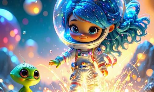 În centrul imaginii, Lira, o tânără cu părul lung și ondulat de culoare albastră, stă cu o privire determinată și uimită. Ea poartă o costum de astronaut strălucitor, împodobit cu stele, iar ochii ei strălucesc de emoție în timp ce întinde mâna spre un glob luminos care flotă în fața ei, emanând culori vii. Lângă ea, Zog, un mic extraterestru cu ochi rotunzi și curioși, cu piele verde și antene delicate, o privește pe Lira cu admirație, arătând spre globul luminos cu o expresie de bucurie copilărească. Fundalul este o sală vastă plină de cristale strălucitoare, unde lumini colorate dansează pe pereți. Tavanul este boltit și presărat cu stele strălucitoare, creând o atmosferă magică. Situația principală o prezintă pe Lira, pregătită să apuce puterea globului magic, în timp ce o umbră amenințătoare se conturează în fundal, adăugând o tensiune palpabilă imaginii.