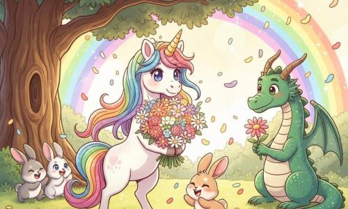 Een vrolijke, welwillende eenhoorn (hoofdpersonage) met glanzende regenboogmanen, parelwit vachtje en een klein goudkleurig hoornje houdt moedig een groot boeket kleurrijke bloemen vast; het konijntje Flappie (bijpersonage) met roze oren en beige pluizige vacht springt blij naast haar en kijkt naar de andere konijntjes; drie kleine konijnenvriendjes (grijs, wit, gevlekt) zitten bijeen onder een grote eik, klappen en lachen; een indrukwekkende maar ongevaarlijke smaragdgroene draak met glanzende schubben zit aan de rand van de open plek, houdt een reuzenbloem vast en kijkt bewonderend naar het boeket; scène op een met goud licht overgoten open plek met groene gras en madeliefjes, vallende bloemblaadjes en een glinsterende regenboogboog op de achtergrond — de confrontatie verandert in vrede terwijl de eenhoorn en vrienden het boeket aan de draak aanbieden, warme triomfantelijke sfeer, felle pastelkleuren, zachte lijnen, overdreven lieve gezichtsuitdrukkingen, duidelijke compositie gecentreerd op de eenhoorn, kinderlijke manga‑stijl.