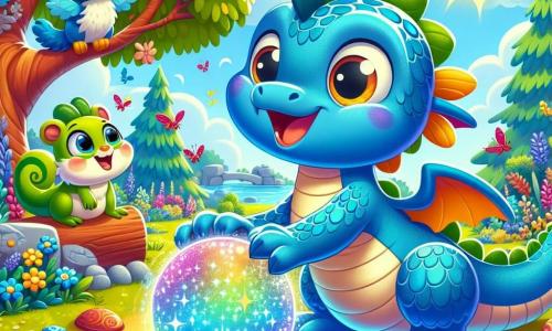 Zuzu, un dragonel albastru cu solzi strălucitori și ochi curioși, sare fericit peste o minge magică colorată, zâmbind. Lângă el, Piki, o broască verde cu pete galbene, se pregătește să sară, plină de entuziasm. Lili, un veveriță roșcată, stă puțin mai în spate, cu labele pe șolduri, având o expresie hotărâtă, gata să rezolve misterul. Scena are loc în curtea școlii Copiii Pădurii, un loc însorit plin de flori colorate, copaci mari cu frunze strălucitoare și un mic iaz aproape. În fundal, păsările cântă în crengi, adăugând o notă de magie atmosferei. Zuzu și prietenii săi sunt în plină anchetă, căutând mingea magică dispărută, înconjurați de râsete și bucurie, în timp ce soarele strălucește pe cerul albastru.