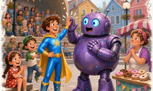 A smiling, cheerful man—Dynamo Dave—with bouncy brown curls, a shiny blue suit, yellow cape and sparkling boots reaches for a high-five, radiating kindness; a large playful rounded purple robot with glowing light‑blue round eyes and textured metal surface with blue screws raises its cold hand to meet it, looking amazed; nearby a 7‑year‑old braided girl in a red polka‑dot dress sits on a step clapping, an excited 8‑year‑old boy in a green cap and ripped jeans stands pointing, and a flour‑dusted baker woman (~45, Mrs. Parrot) behind a donut stall smiles; the gray cobbled town square is lined with small colorful houses, pigeons in flight, round lampposts and a semicircular stage with seated townspeople; a warm moment of a communal high-five calming a playful robot, bright contrasting colors, dynamic motion, clear textures and soft contours, composition centered on Dave and the robot.