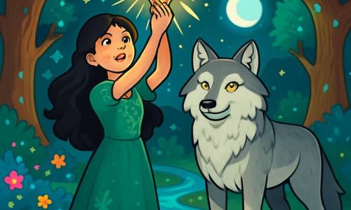 A young woman named Eira, about 18 years old, stands in the center of an enchanted clearing, her face illuminated by a glow of wonder and determination. She has long, wavy, deep black hair and wears an emerald green linen dress adorned with shimmering floral patterns. In her hands, she holds the Heart of Arawn, a jewel radiating light that pulses with magical energy. Beside her stands a majestic wolf with amber eyes, Faolán, proud and protective, his silver fur shimmering in the moonlight. He looks at Eira with an expression of wisdom and pride, ready to defend her. The magical clearing is surrounded by ancient trees with gnarled trunks and luminescent leaves. Colorful flowers, bright as stars, cover the ground, and a crystal-clear stream winds through the scene, adding a touch of serenity. The main scene shows Eira raising the Heart of Arawn towards the sky, while bursts of light surround her, symbolizing rebirth and hope for her village. The atmosphere is filled with magic and mystery, capturing the essence of a mythical adventure.