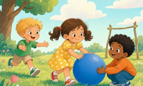 Three children: a 6-year-old girl with brown pigtails, a freckled round face, wearing a yellow polka-dot dress and red sneakers at the center gently pushing a large blue ball; a 6-year-old blond boy in a green t-shirt and beige shorts at left running toward the ball smiling with arms open; a 6-year-old boy with curly black hair and tan skin in an orange hoodie and blue sneakers at right crouching to pick up the ball and looking at his friends. Setting: grassy park with colorful flowers (white daisies, small pink tulips), a small goal made of two sticks in the background, a round-leaved tree at left, and a pastel sky with a soft sun and fluffy clouds. Main scene: the children play together, laughing and passing the ball; warm atmosphere, bright colors, rounded shapes, clear composition for toddlers.