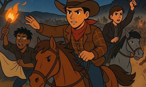 A teenage boy (about 16), determined and focused, face lit by an orange glow, wearing a wide brown cowboy hat, red bandana, plaid shirt and worn leather jacket, gallops on a chestnut horse with his hand raised to guide a panicking herd; nearby, a slightly younger boy (15–17) with tousled hair and a soot-smudged face, brave and breathless, waves a torch spitting bright flame and flaps a large beige cloth as a signal beside an isolated mesquite at the edge of a rocky ravine; a young woman (about 18) with a fierce, protective look, short brown hair and dark jacket, rides a gray horse to the right of the herd, pistol raised to scare distant silhouettes; in the background two small, threatening rustlers with a flickering red lantern stand south at the dust cloud’s edge; the nighttime prairie is dry with low yellow grass, a deep starry blue sky with one particularly bright star to the north, and the scene is dominated by a massive, dust‑clouded, panicking herd while riders shout and maneuver to steer the animals away from the ravine, lit by the torch’s orange flame against the cold starlight.