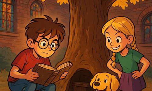 A young boy, Alex, about 10 years old, with messy brown hair and round glasses, shows a determined and curious expression. He is crouched near a large oak tree in a library courtyard, holding a dusty old book in his hands, his eyes shining with excitement. Next to him, a 9-year-old girl, Emily, with braided blonde hair and a mischievous smile, attentively observes the book, her hands on her hips. Max, a cheerful golden retriever, stands at their feet, tongue out, ready to jump. The scene takes place in a library courtyard, surrounded by old brick walls and large stained glass windows. A majestic oak tree stands in the center, its golden leaves gently falling to the ground. Alex and Emily discover a secret compartment at the base of the tree, revealing a mysterious book, while the setting sun bathes the scene in a soft golden light, creating a magical and mysterious atmosphere.
