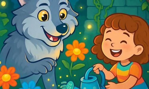 A majestic werewolf with shiny silver fur and kind sparkling golden eyes stands at the center of the scene, wearing a warm smile. He is playing with bright flowers in a magical garden. Next to him, an 8-year-old girl with curly hair and a colorful dress joyfully waters the flowers with a sparkling watering can. The garden is filled with vibrant flowers illuminated by fireflies, creating a soft and enchanted atmosphere. In the background, old stone walls covered in moss and lush vines rise up, adding a sense of mystery and magic. The main scene shows the werewolf and the girl sharing a moment of happiness, surrounded by the beauty of the enchanted nature.