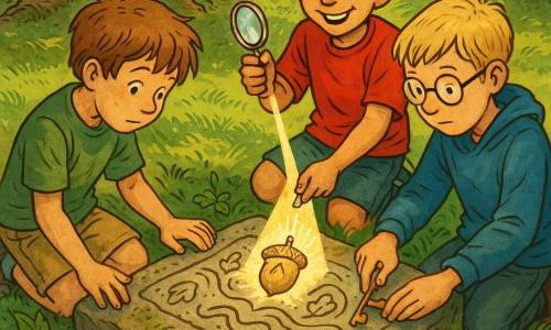 There are three boys: a roughly 10-year-old with tousled light brown hair, a moss-green T-shirt and khaki shorts kneeling left of an engraved stone with fingers on acorn-and-wave carvings; a roughly 9-year-old with short black hair, wide smile, red T-shirt and blue sneakers in the center holding a small silver mirror that reflects a sunbeam onto the stone; and a roughly 10-year-old with straight blond hair, round glasses and a blue sweatshirt on the right holding a small brass key above a notch in the slab, focused. They are in a park clearing under a large oak with exposed roots, green grass striped with leaf shadows, ivy and ferns around the set-in stone, a worn red picnic table and small stones and a weathered wooden box by the tree. The boys have discovered an engraved slab set into the ground with glistening water droplets at the edge; the mirror casts a band of light on a crowned-acorn motif and the key is being gently inserted into a slot beneath the carving, creating a mood of curious wonder. The scene is rendered with ink-like color, clean outlines, soft tones and textured paper grain, photographed from a slight overhead view with a tight frame on the slab and the children’s hands.