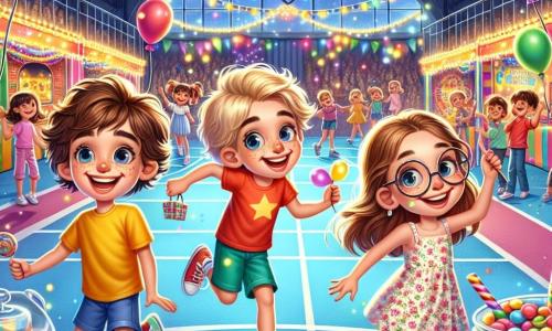 In the foreground, Leo, a 10-year-old boy with messy brown hair and a bright red t-shirt, smiles enthusiastically while holding a treasure note. Next to him, Max, a 10-year-old boy with blonde hair and round glasses, jumps for joy, holding a colorful balloon. Mia, a 9-year-old girl with long curly hair, wears a floral dress and curiously looks at a jar filled with candies, her eyes sparkling with excitement. 

In the background, the school gym is transformed into a vibrant carnival, decorated with colorful garlands, floating balloons, and game stalls. Twinkling lights illuminate the space, while a large painted wooden sign announces "Spectacular Carnival."

The scene shows the three friends on a treasure hunt, surrounded by laughter and colors, as they discover hidden clues under the festive decorations, ready for an unforgettable adventure.